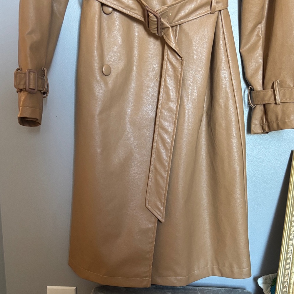 Faux Leather Trench Coat - Tan - Picture 3 of 12